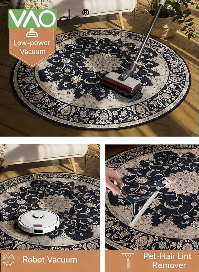 فاو دو سجادة دائرية بزخارف نباتية جميلة، سجادة دائرية منخفضة الوبر ومقاومة للانزلاق، سجادة دائرية بزخارف نباتية عتيقة لغرفة النوم وغرفة المعيشة وغرفة الدراسة 140*140 سم - Image 3