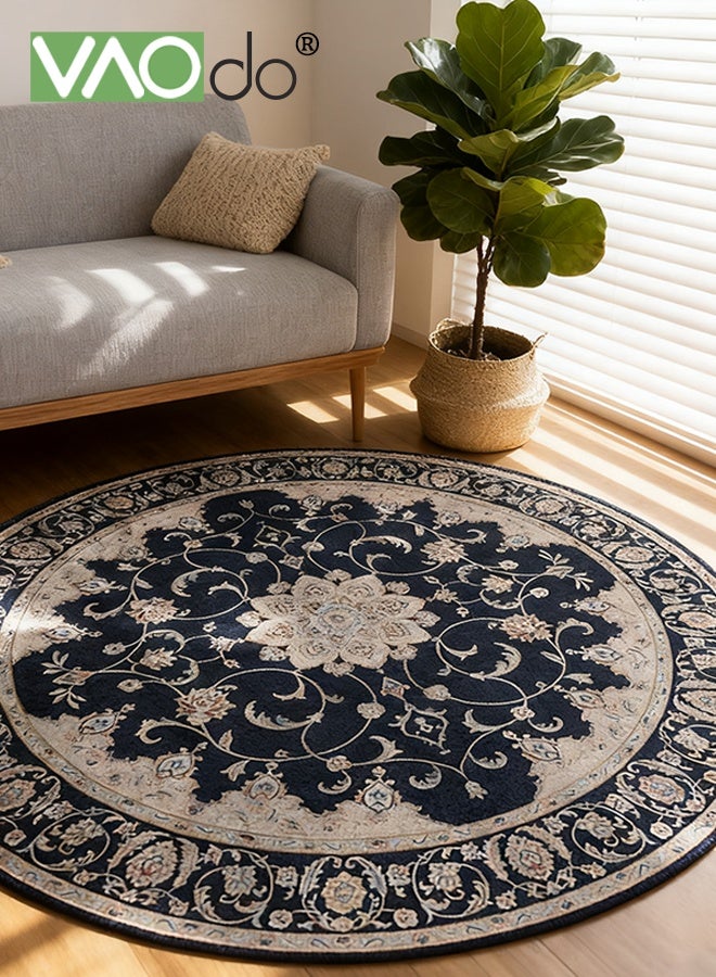 فاو دو سجادة دائرية بزخارف نباتية جميلة، سجادة دائرية منخفضة الوبر ومقاومة للانزلاق، سجادة دائرية بزخارف نباتية عتيقة لغرفة النوم وغرفة المعيشة وغرفة الدراسة 140*140 سم - Image 1