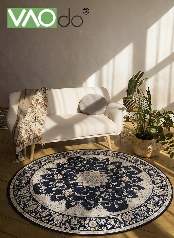 فاو دو سجادة دائرية بزخارف نباتية جميلة، سجادة دائرية منخفضة الوبر ومقاومة للانزلاق، سجادة دائرية بزخارف نباتية عتيقة لغرفة النوم وغرفة المعيشة وغرفة الدراسة 140*140 سم - Image 5