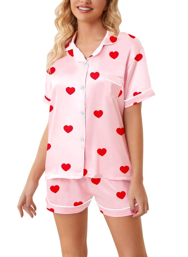 Schbbbta Girls & Womens Satin Pajamas Set, Silk Button-Down Sleepwear 2 Piece Nightwear, 3 Years - Women XXL, Heart Pink, 9-10 Years - Image 4