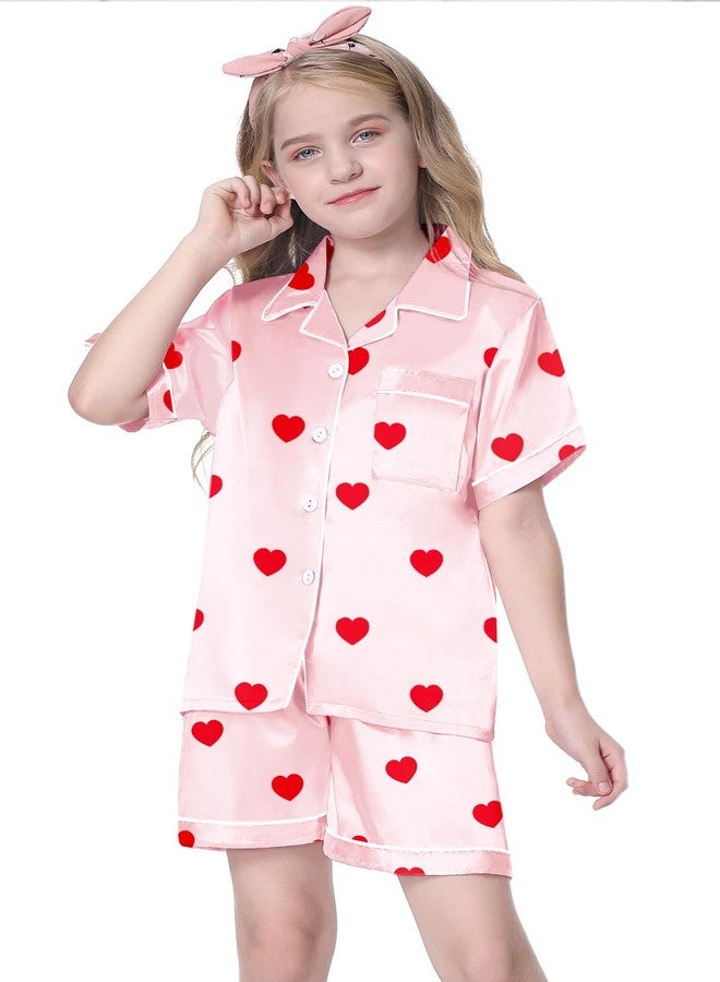 Schbbbta Girls & Womens Satin Pajamas Set, Silk Button-Down Sleepwear 2 Piece Nightwear, 3 Years - Women XXL, Heart Pink, 9-10 Years - Image 2