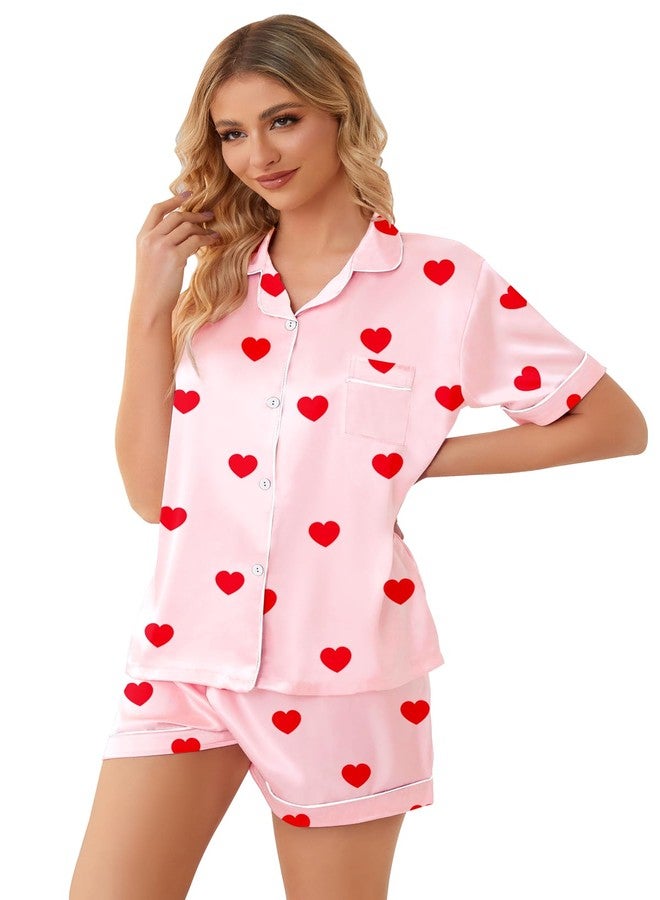 Schbbbta Girls & Womens Satin Pajamas Set, Silk Button-Down Sleepwear 2 Piece Nightwear, 3 Years - Women XXL, Heart Pink, 9-10 Years - Image 5