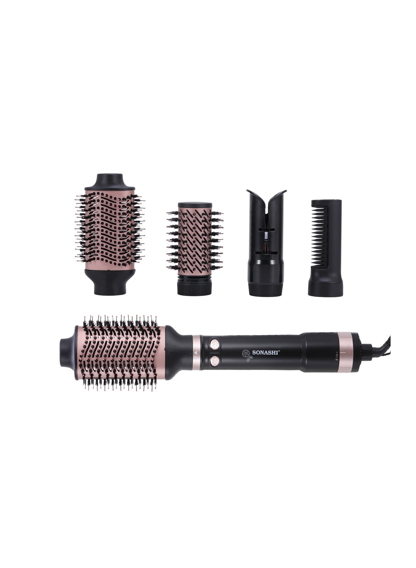 1200W 5-in-1 Hot Air Styler with 3 Speed & Temperature Settings | Hair Curler, Nozzle, Rotary Brush, Straightener Brush & Oval Brush | Overheating Protection with 360° Swivel Cord | DC Motor | SHS-2092 Black/Gold