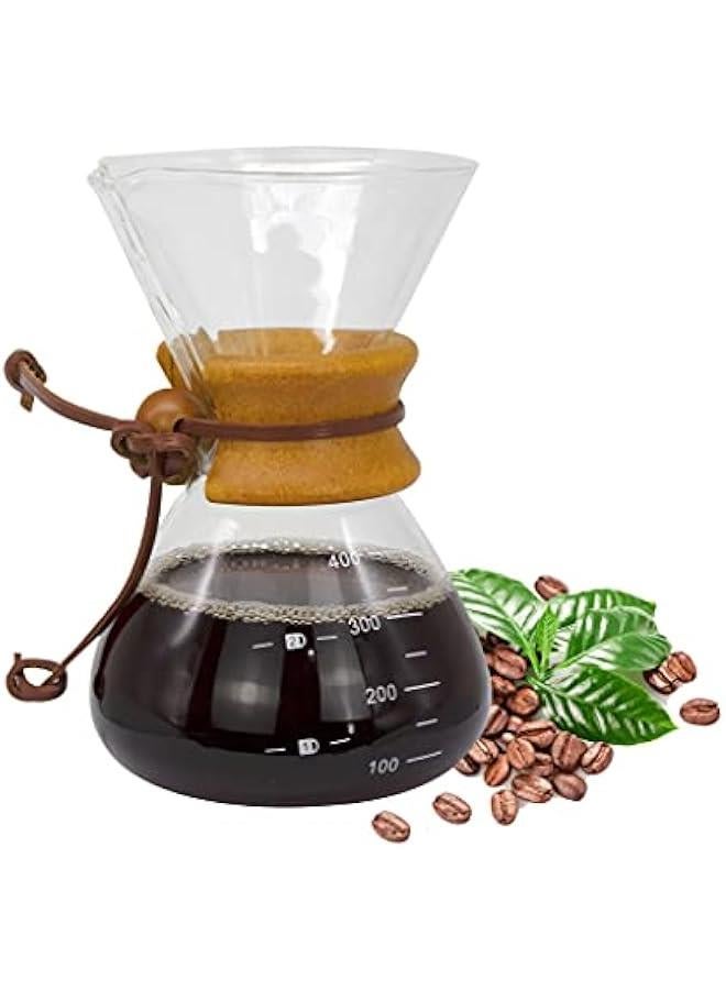 Beauenty Pour Over Chemex Style Coffee Maker | Drip Glass Pot Espresso Coffee Bowl Machine | Heat Resistant for Home Travel | Wooden hoop (Transparent, 400ml)  - Image 1
