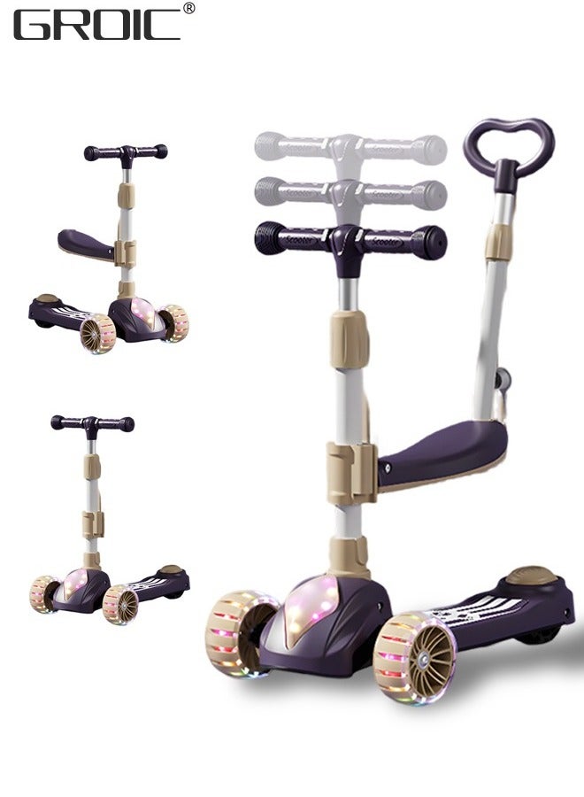 GROIC 3-in-1 Kids Folding Scooter with Music And Light, Flashing Wheels, Adjustable Push Bar & Seat & Handlebar, Widened Non-Slip Deck, 3 Wheel Kick Scooter for Boys Girls - Image 1