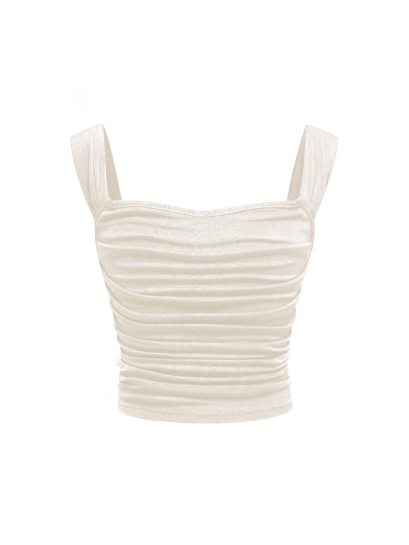 OYOANGLE Girl's Sleeveless Square Neck Cute Tops Wide Straps Ruched Solid Crop Tank Top Summer Clothes Apricot 9 Years - Image 1
