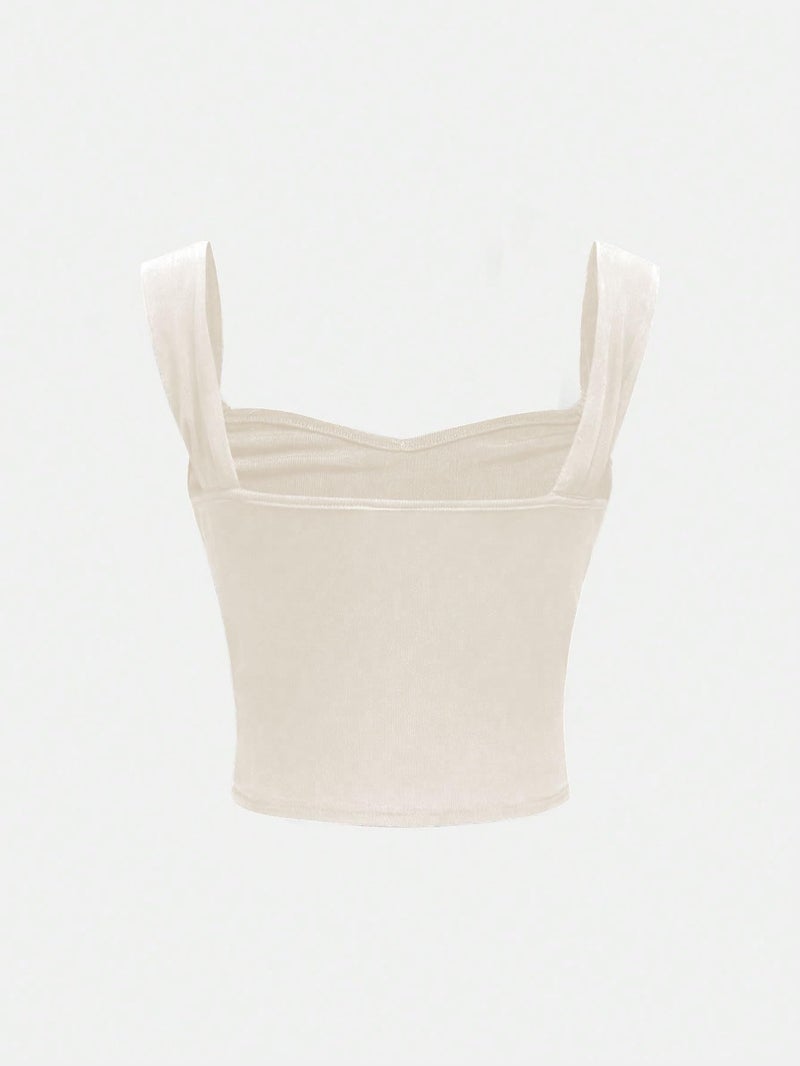 OYOANGLE Girl's Sleeveless Square Neck Cute Tops Wide Straps Ruched Solid Crop Tank Top Summer Clothes Apricot 9 Years - Image 2