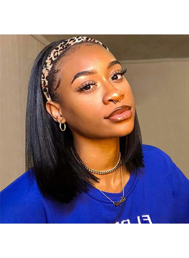 AISI Bob Headband Wig Human Hair Short Straight Headband Wigs Remy Hair Easy Wear and Go Glueless Wigs ​Bob Headband Wigs for Women Black Color(150% Density 12Inch) - Image 1