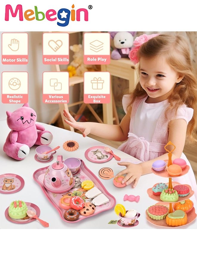 MEBEGIN Cat Tea Party Set for Little Girls - 49pcs Pretend Play Toy, Birthday Gift for Toddlers Ages 3 4 5 6 Year Old, includes Kitten Tin Tea Set, Desserts, and Carrying Case, Cat Design  - Image 4