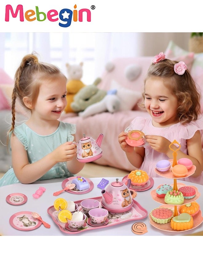 MEBEGIN Cat Tea Party Set for Little Girls - 49pcs Pretend Play Toy, Birthday Gift for Toddlers Ages 3 4 5 6 Year Old, includes Kitten Tin Tea Set, Desserts, and Carrying Case, Cat Design  - Image 5