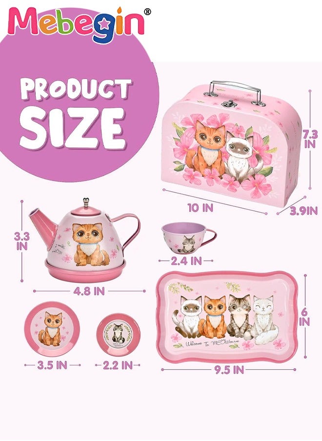 MEBEGIN Cat Tea Party Set for Little Girls - 49pcs Pretend Play Toy, Birthday Gift for Toddlers Ages 3 4 5 6 Year Old, includes Kitten Tin Tea Set, Desserts, and Carrying Case, Cat Design  - Image 2