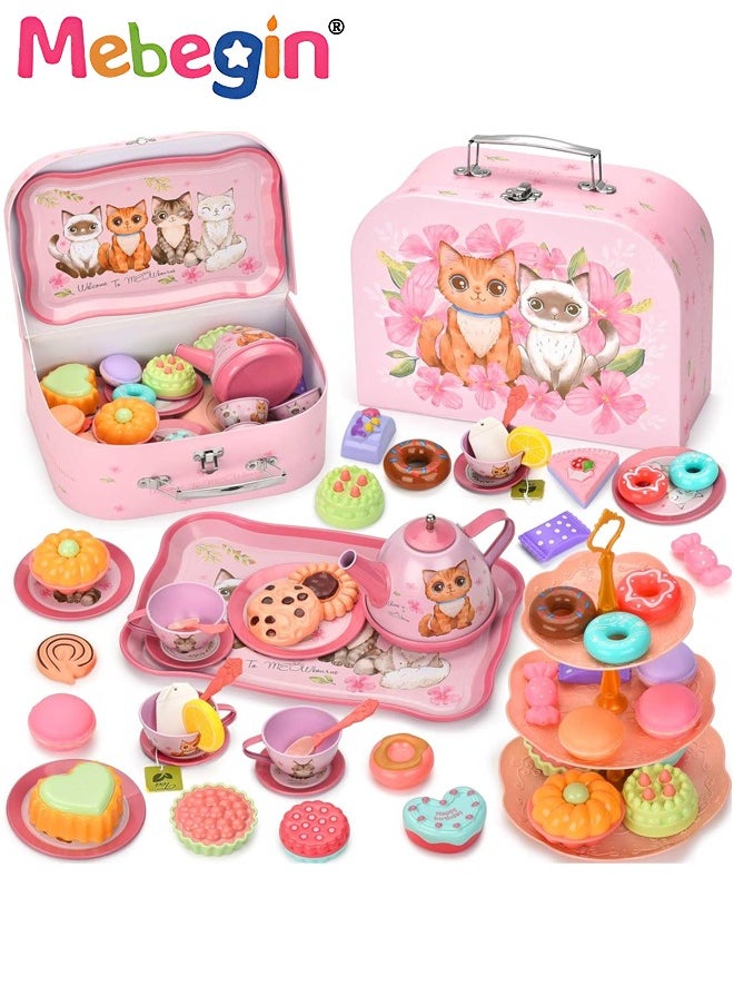 MEBEGIN Cat Tea Party Set for Little Girls - 49pcs Pretend Play Toy, Birthday Gift for Toddlers Ages 3 4 5 6 Year Old, includes Kitten Tin Tea Set, Desserts, and Carrying Case, Cat Design  - Image 1
