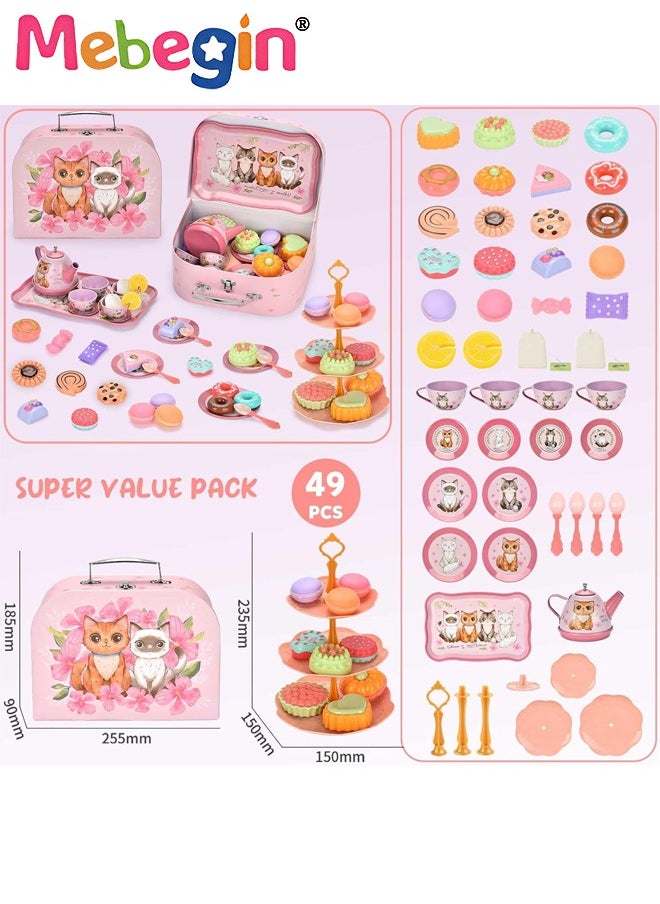 MEBEGIN Cat Tea Party Set for Little Girls - 49pcs Pretend Play Toy, Birthday Gift for Toddlers Ages 3 4 5 6 Year Old, includes Kitten Tin Tea Set, Desserts, and Carrying Case, Cat Design  - Image 3