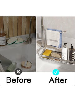 XiuWoo 2 in 1 Extendable Stainless Steel Sink Caddy, Sponge Holder, kitchen Sink Rack, Over the Sink Strainer Basket, Telescopic Sink Storage Rack, Dishcloth Towel Storage Rack for Soap, Scrubber Brush  - Image 2