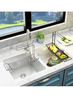 XiuWoo 2 in 1 Extendable Stainless Steel Sink Caddy, Sponge Holder, kitchen Sink Rack, Over the Sink Strainer Basket, Telescopic Sink Storage Rack, Dishcloth Towel Storage Rack for Soap, Scrubber Brush  - Image 3