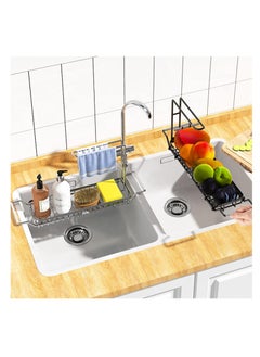 XiuWoo 2 in 1 Extendable Stainless Steel Sink Caddy, Sponge Holder, kitchen Sink Rack, Over the Sink Strainer Basket, Telescopic Sink Storage Rack, Dishcloth Towel Storage Rack for Soap, Scrubber Brush  - Image 4