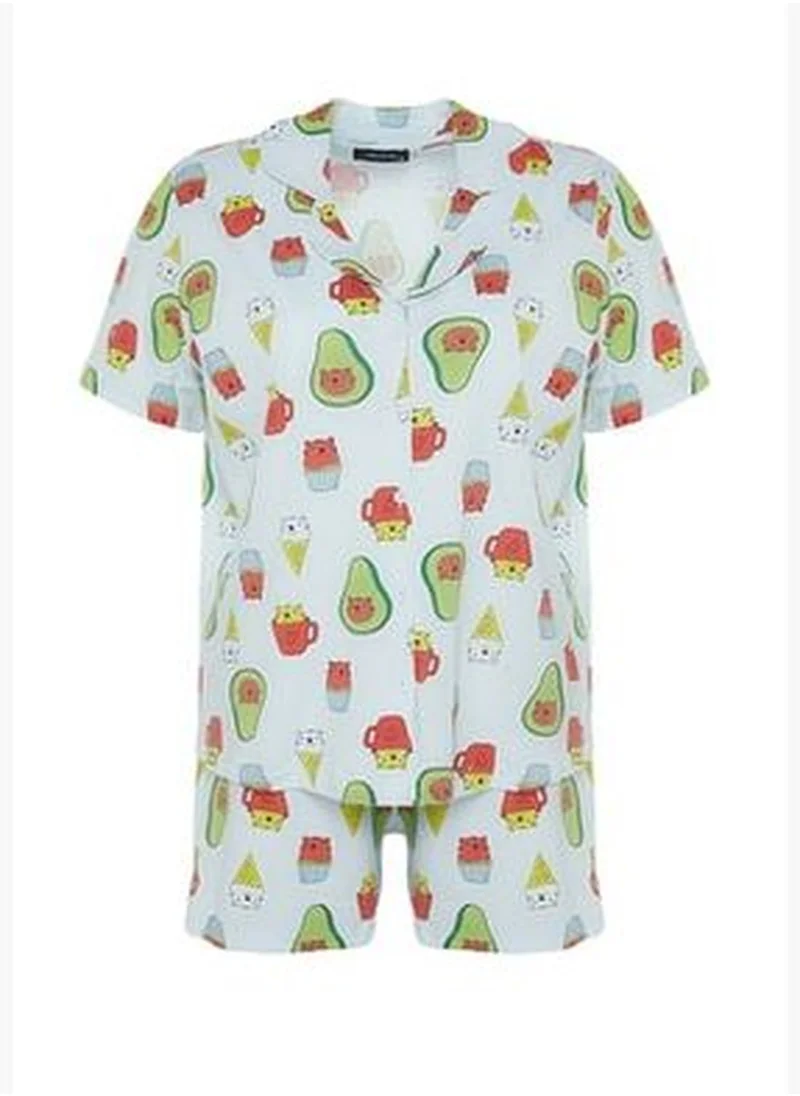 trendyol Blue Printed Knitted Buttons Pajamas Set