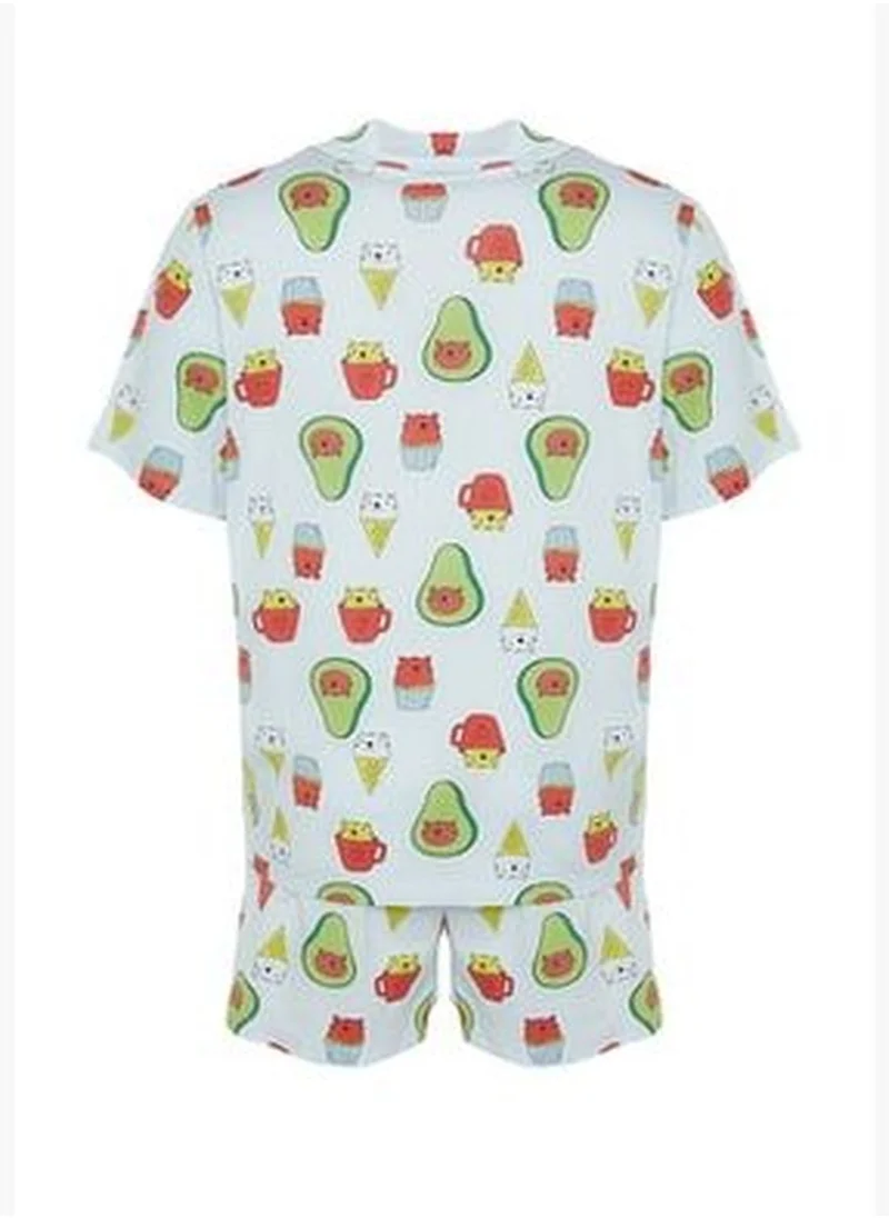 trendyol Blue Printed Knitted Buttons Pajamas Set