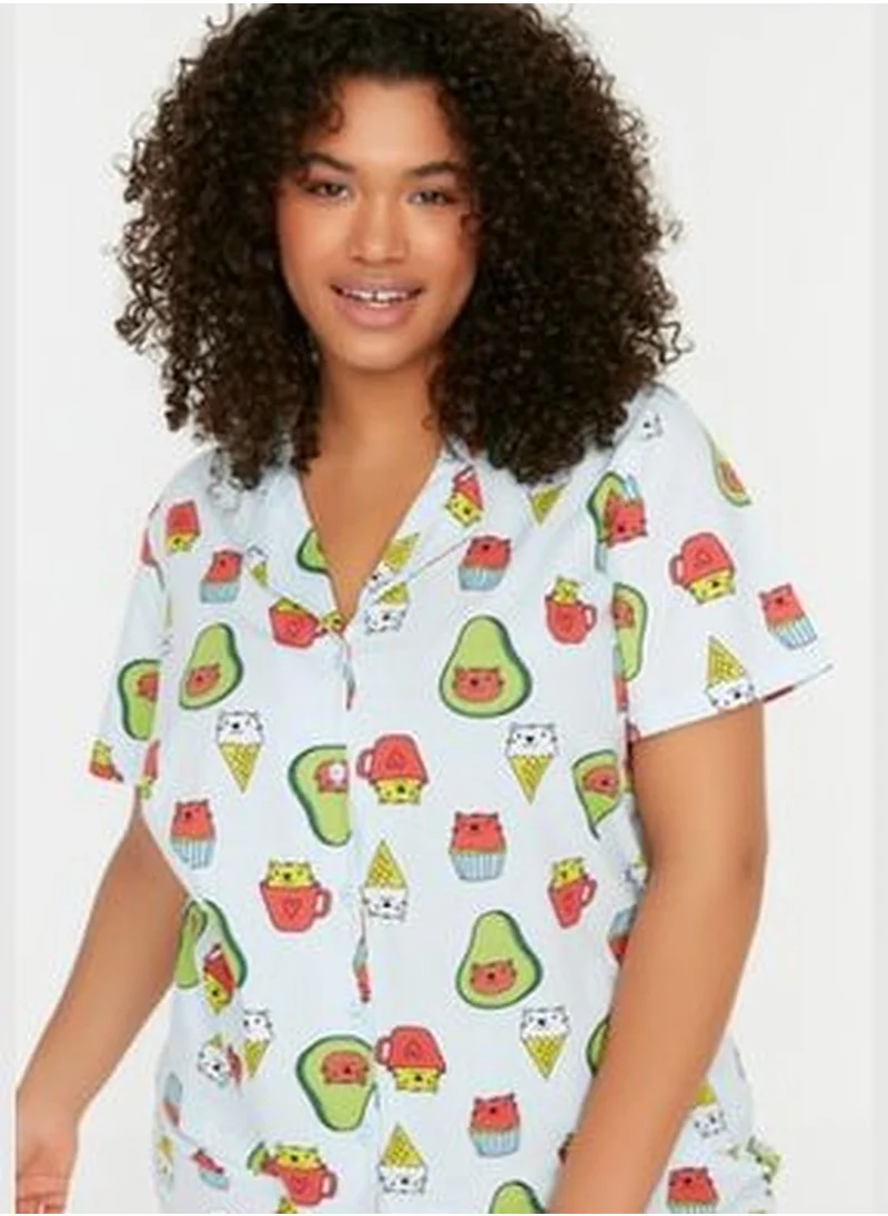 trendyol Blue Printed Knitted Buttons Pajamas Set