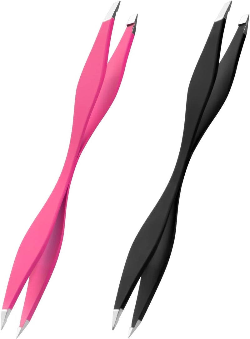 NUOMI 2 Pack Eyebrow Tweezers Double Ends Stainless Steel Tweezers Makeup Tools with SlantPointed Tips for Removing Facial Hair Ingrown Hair Pink and Black