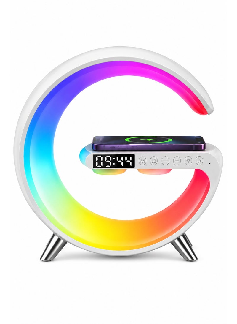 Wireless Charging Lamp with Bluetooth Speaker & Radio, 6-in-1, RGB Dimmable Night Light with Alarm Clock, Music Sync & Wireless Phone Charger for Bedroom, Home & Office - Image 1