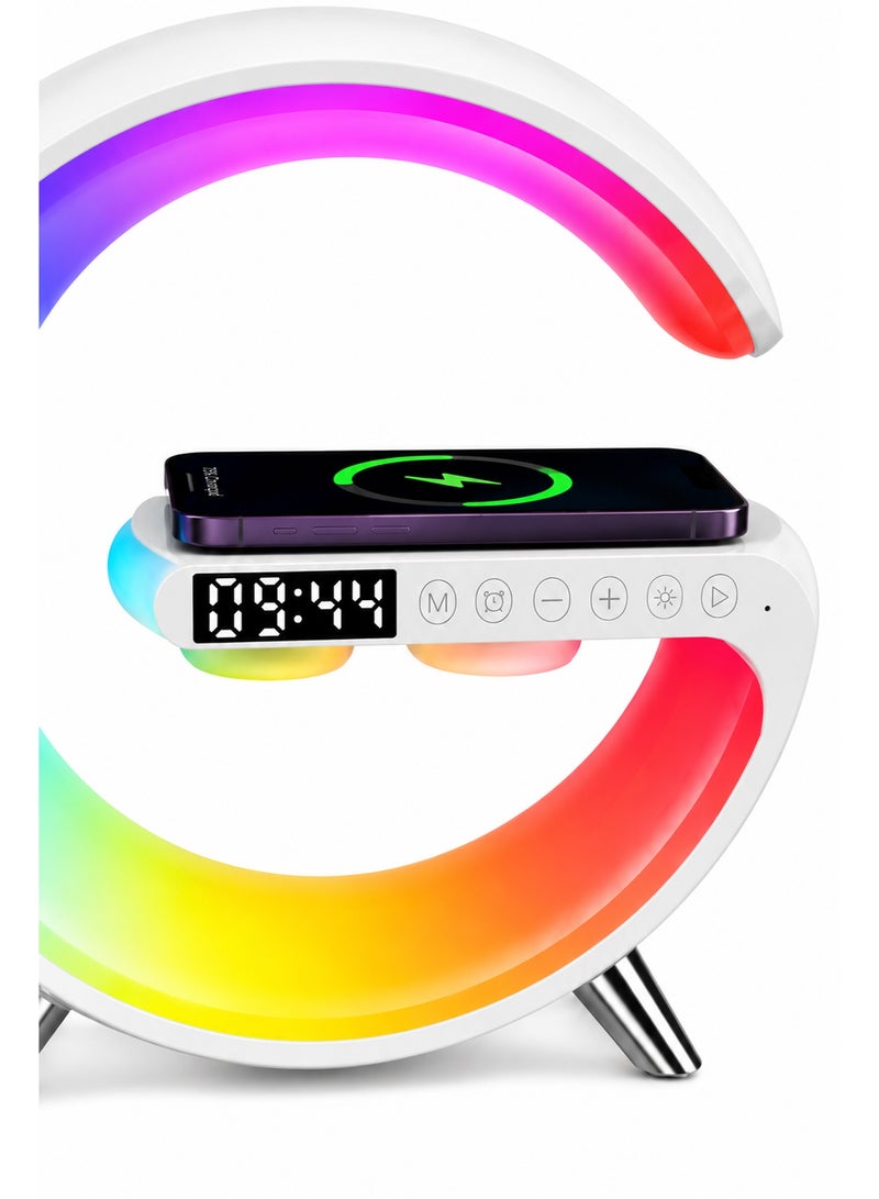 Wireless Charging Lamp with Bluetooth Speaker & Radio, 6-in-1, RGB Dimmable Night Light with Alarm Clock, Music Sync & Wireless Phone Charger for Bedroom, Home & Office - Image 2