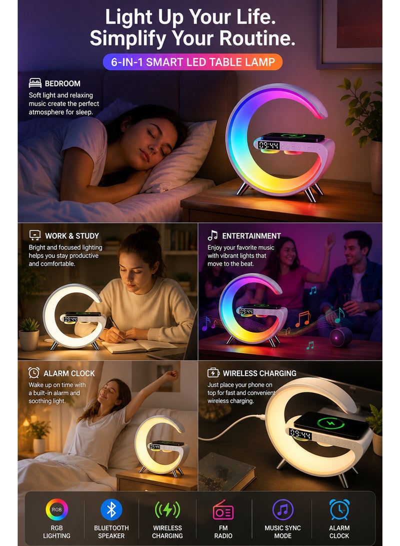 Wireless Charging Lamp with Bluetooth Speaker & Radio, 6-in-1, RGB Dimmable Night Light with Alarm Clock, Music Sync & Wireless Phone Charger for Bedroom, Home & Office - Image 4