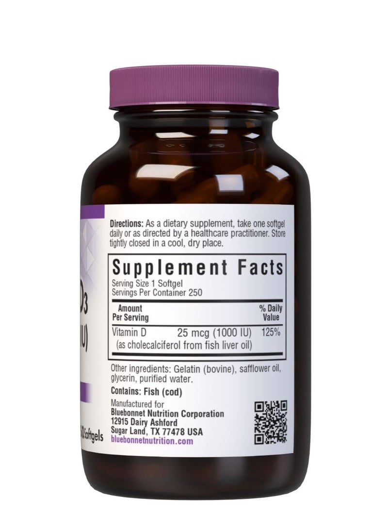 Bluebonnet - Vitamin D3 1000 IU Softgels, Aids in Muscle and Skeletal Growth, Cholecalciferol from Fish Oil, Non GMO, Gluten Free, Soy Free, Dairy Free, 250 Softgels - Image 1