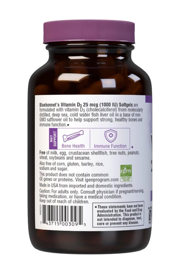 Bluebonnet - Vitamin D3 1000 IU Softgels, Aids in Muscle and Skeletal Growth, Cholecalciferol from Fish Oil, Non GMO, Gluten Free, Soy Free, Dairy Free, 250 Softgels - Image 1