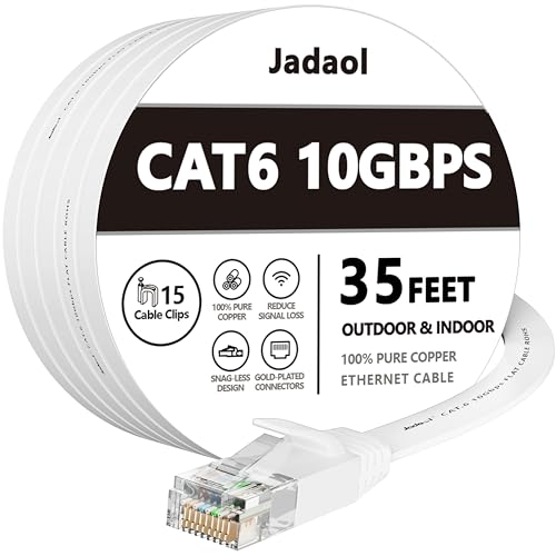 Jadaol Cat 6 Ethernet Cable 35 ft, Outdoor & Indoor 10Gbps Support Cat8 Cat7 Network, Flat RJ45 Internet LAN Computer Patch Cable for Router, Modem, Switch, Gaming Consoles, Streaming Devices, White - Image 1