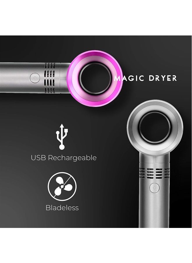 مروحة لايون لاش المحمولة القابلة لإعادة الشحن عبر USB بدون شفرات، مروحة صغيرة/مكيف هواء، مجفف يدوي للتبريد، مستلزمات أساسية لتمديد الرموش، تجفف الغراء/اللاصق بسرعة (نيكل/وردي فوشيا)