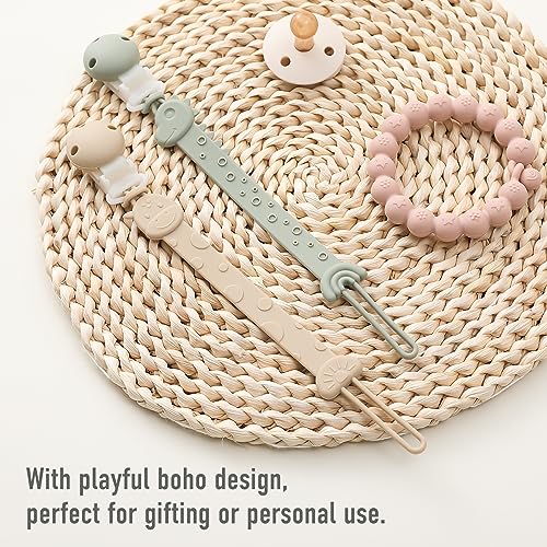 YIVEKO Pacifier Clips for Baby One Piece Silicone Pacifier Holder Clips for Boys Girls Paci Binky Clips 4Pcs Pacifier Clip Animal Design Rainbow-Ivory+Sage - Image 4