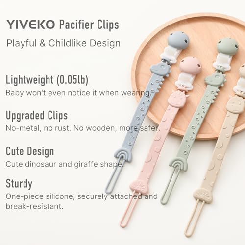 YIVEKO Pacifier Clips for Baby One Piece Silicone Pacifier Holder Clips for Boys Girls Paci Binky Clips 4Pcs Pacifier Clip Animal Design Rainbow-Ivory+Sage - Image 2