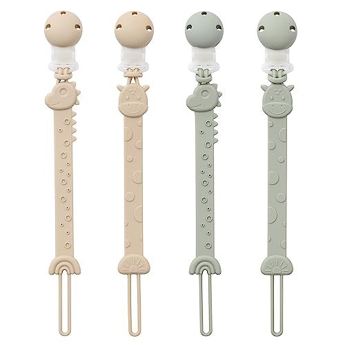 YIVEKO Pacifier Clips for Baby One Piece Silicone Pacifier Holder Clips for Boys Girls Paci Binky Clips 4Pcs Pacifier Clip Animal Design Rainbow-Ivory+Sage - Image 1