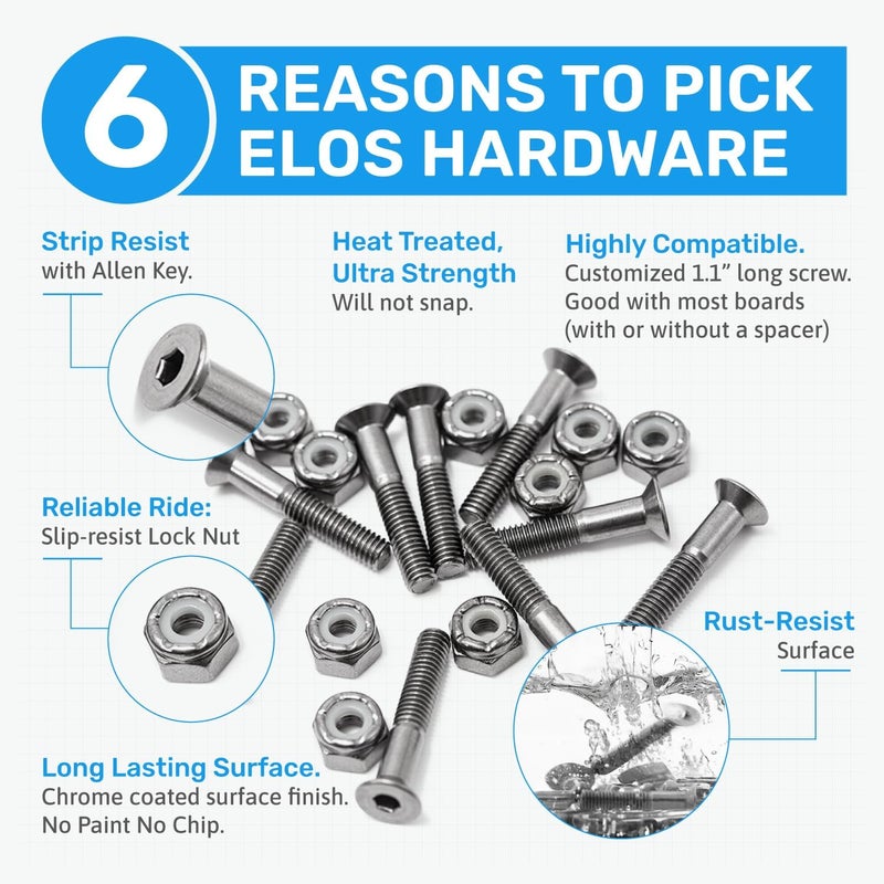 Elos Skateboard Hardware Kit - Trucks Mounting Hardware, Skateboard Bearing, Bushings, Kingpin, Pivot Cups, Truck Nuts, Bolts, Skateboard Accessories & Skate Part - Image 2