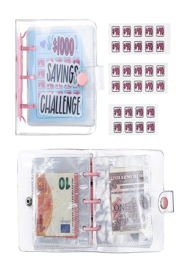 LuckyOpt Mini Savings Binder, Reusable PVC $1000 Savings Challenge Book with Sticker, Dual Purpose for Saving or Budgeting in a Fun and Easy Way, Mini Money Saving Challenge Binder (Pink) - Image 1