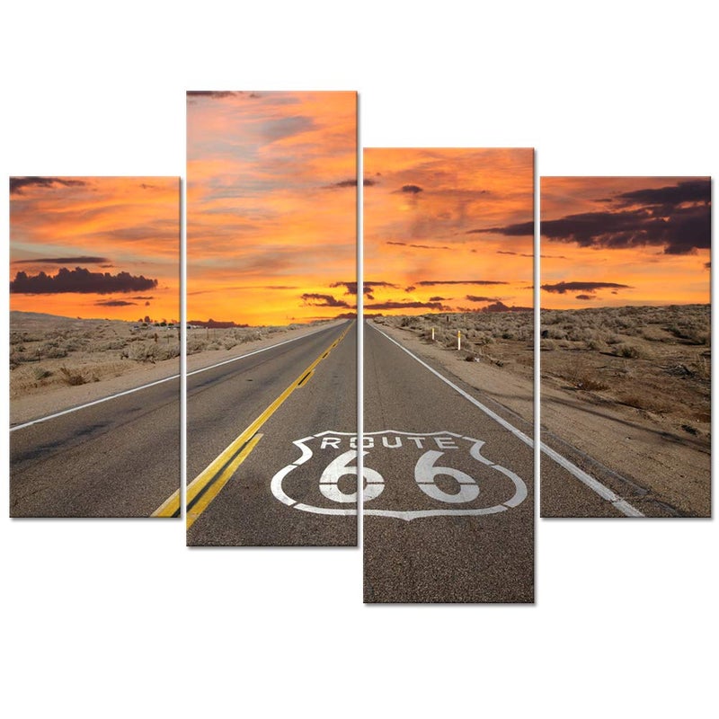 WELMECO Large 4 Pieces Canvas Wall Art Route 66 Sign Sunrise in California's Mojave Desert Road Scenery Picture Prints Framed Ready to Hang Modern Home Office Decor (01 Route 66) - Image 1