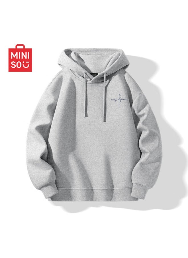 Miniso Miniso Men's Hooded Sweatshirt Heavyweight Loose Autumn And Winter Season Plus Velvet High-end Youth Trend Outerwear Linen Gray 2xl  - Image 1