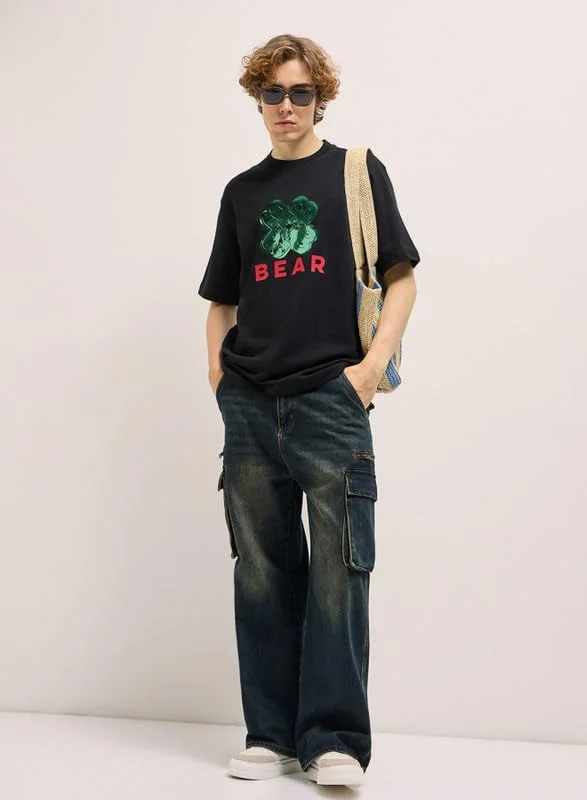 THE BEAR HOUSE Men's Black Oversize Graphic Printed Crew Neck T-shirt Perfect For Casual Wear, Gym, Travel, Or Layering Stylish And Versatile Essential For Every Wardrobe