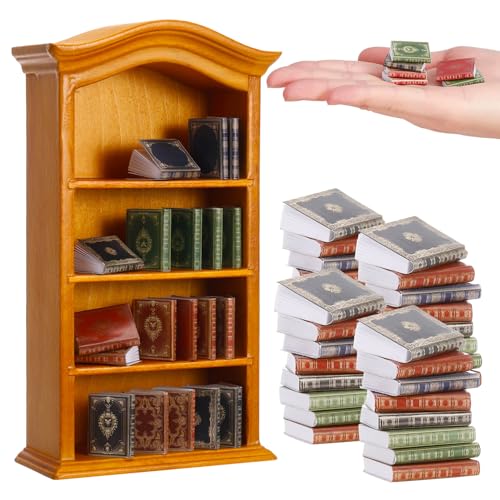 Guiqulai 36 Pcs 112 Scale Miniatures Dollhouse Books and 1 Wooden Bookcase4 Floors Furniture Display Bookshelf Cabinet Mini Assorted BooksDollhouse Decoration Accessories for Home BedroomYellow - Image 1