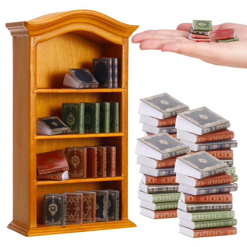 Guiqulai 36 Pcs 112 Scale Miniatures Dollhouse Books and 1 Wooden Bookcase4 Floors Furniture Display Bookshelf Cabinet Mini Assorted BooksDollhouse Decoration Accessories for Home BedroomYellow - Image 3