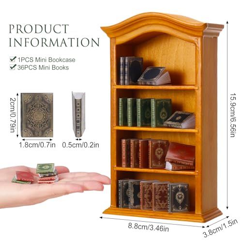 Guiqulai 36 Pcs 112 Scale Miniatures Dollhouse Books and 1 Wooden Bookcase4 Floors Furniture Display Bookshelf Cabinet Mini Assorted BooksDollhouse Decoration Accessories for Home BedroomYellow - Image 5