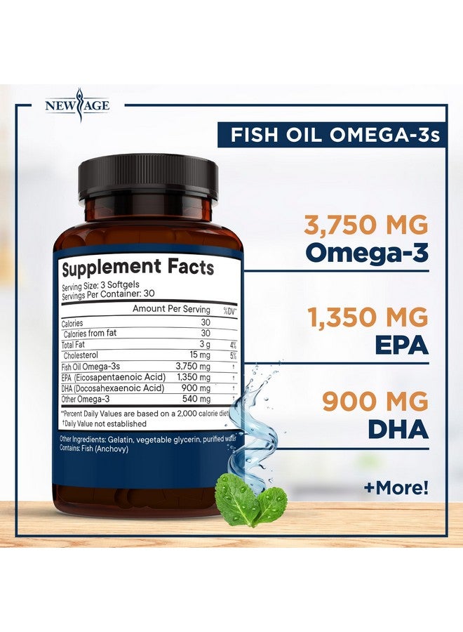 New Age Triple Strength Omega 3 Fish Oil 3750 mg - EPA & DHA - Over 3000mg Omega-3 Fatty Acids - 1350mg EPA + 900mg DHA - Best Essential Fatty Acids, Burpless Fish Oil - 180 Count - Image 2