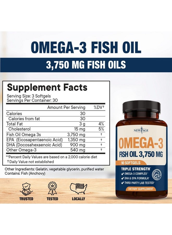 New Age Triple Strength Omega 3 Fish Oil 3750 mg - EPA & DHA - Over 3000mg Omega-3 Fatty Acids - 1350mg EPA + 900mg DHA - Best Essential Fatty Acids, Burpless Fish Oil - 180 Count - Image 3