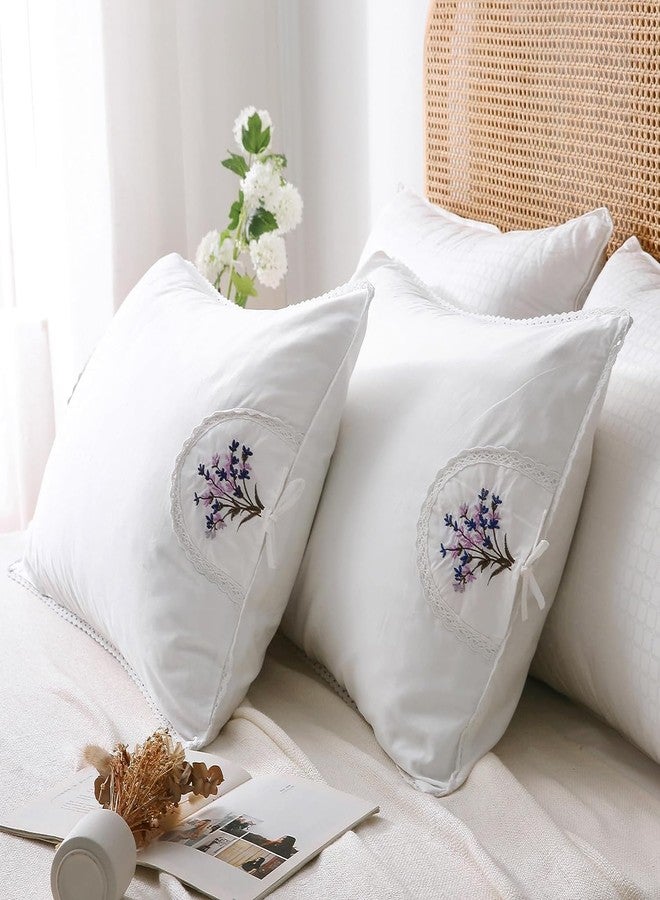 Meaning4 White Embroidery Pillowcases Lavender Flower Pillow Shams with lace 100% Cotton 2-Pack Twin Standard Size (26"x20") - Image 1