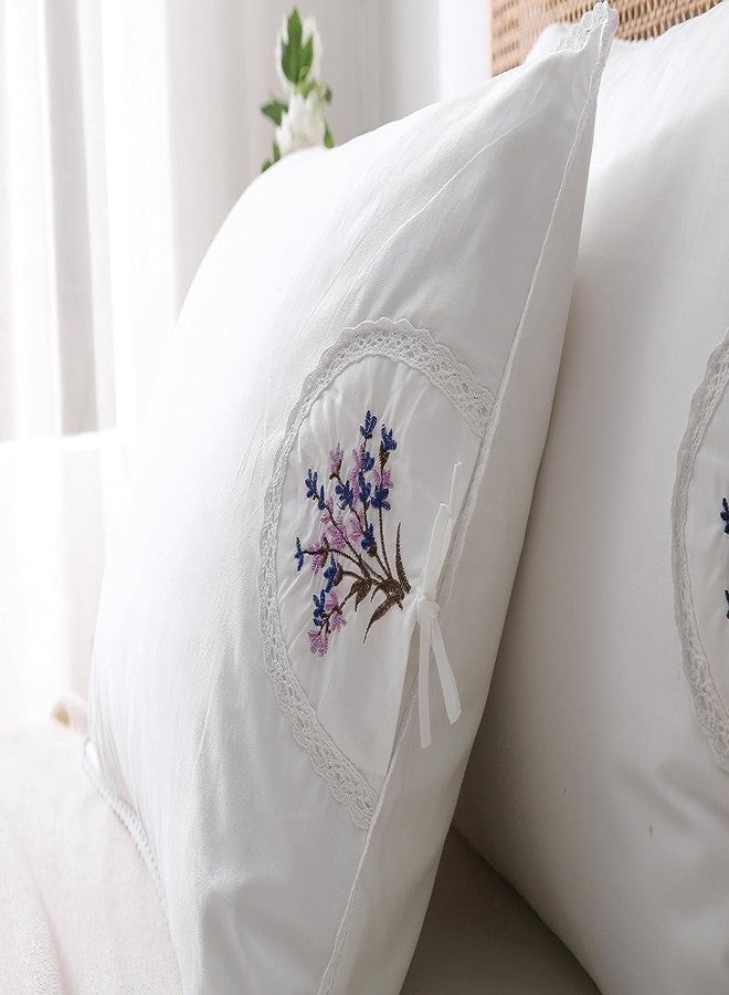 Meaning4 White Embroidery Pillowcases Lavender Flower Pillow Shams with lace 100% Cotton 2-Pack Twin Standard Size (26"x20") - Image 4