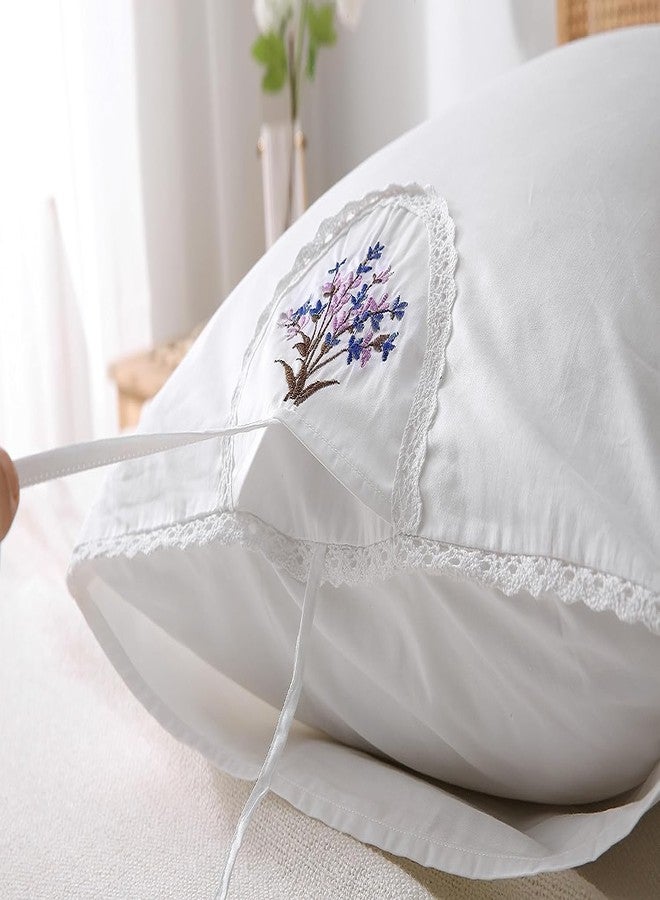 Meaning4 White Embroidery Pillowcases Lavender Flower Pillow Shams with lace 100% Cotton 2-Pack Twin Standard Size (26"x20") - Image 5