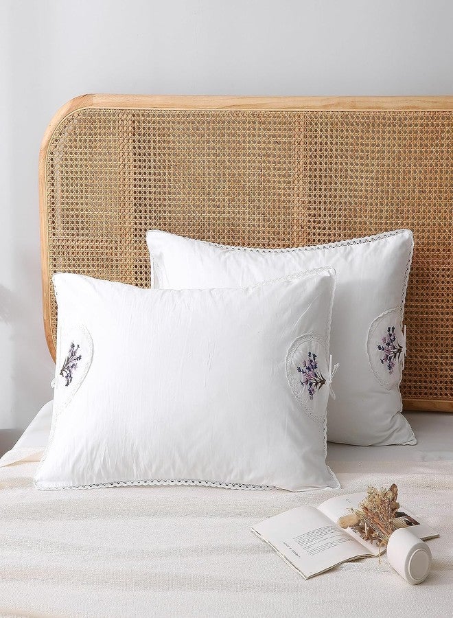 Meaning4 White Embroidery Pillowcases Lavender Flower Pillow Shams with lace 100% Cotton 2-Pack Twin Standard Size (26"x20") - Image 3