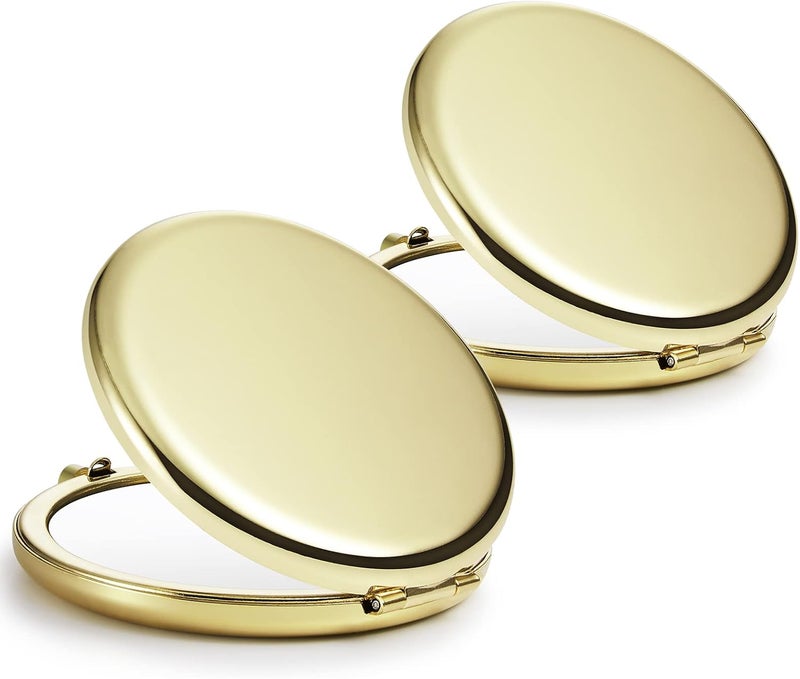 Compact Mirror Bulk, Set of 2 Double-Sided 1X/2X Magnifying Purse Pocket Makeup Mirrors(Round, Gold)