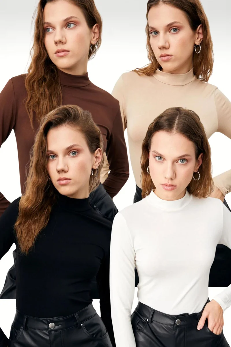 بيبانتولون BIPANTOLON Women's 4-Pack Slim Fit Turtleneck Bodysuits